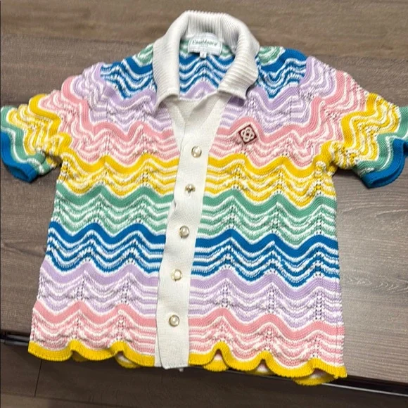 Pink and Yellow Scalloped Button Down Shirt - Picture 1 of 4